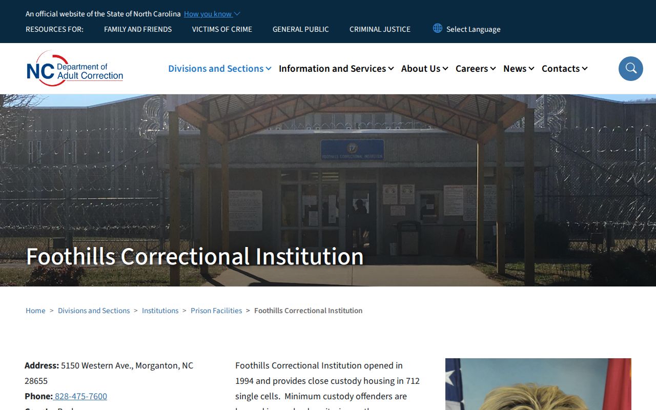 Foothills Correctional Institution offender release information page