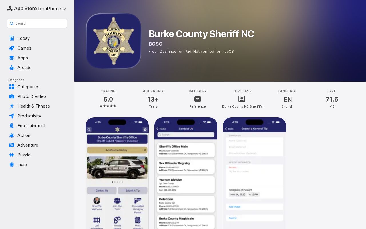 Burke County 24-hour release access through the Sheriff app listing